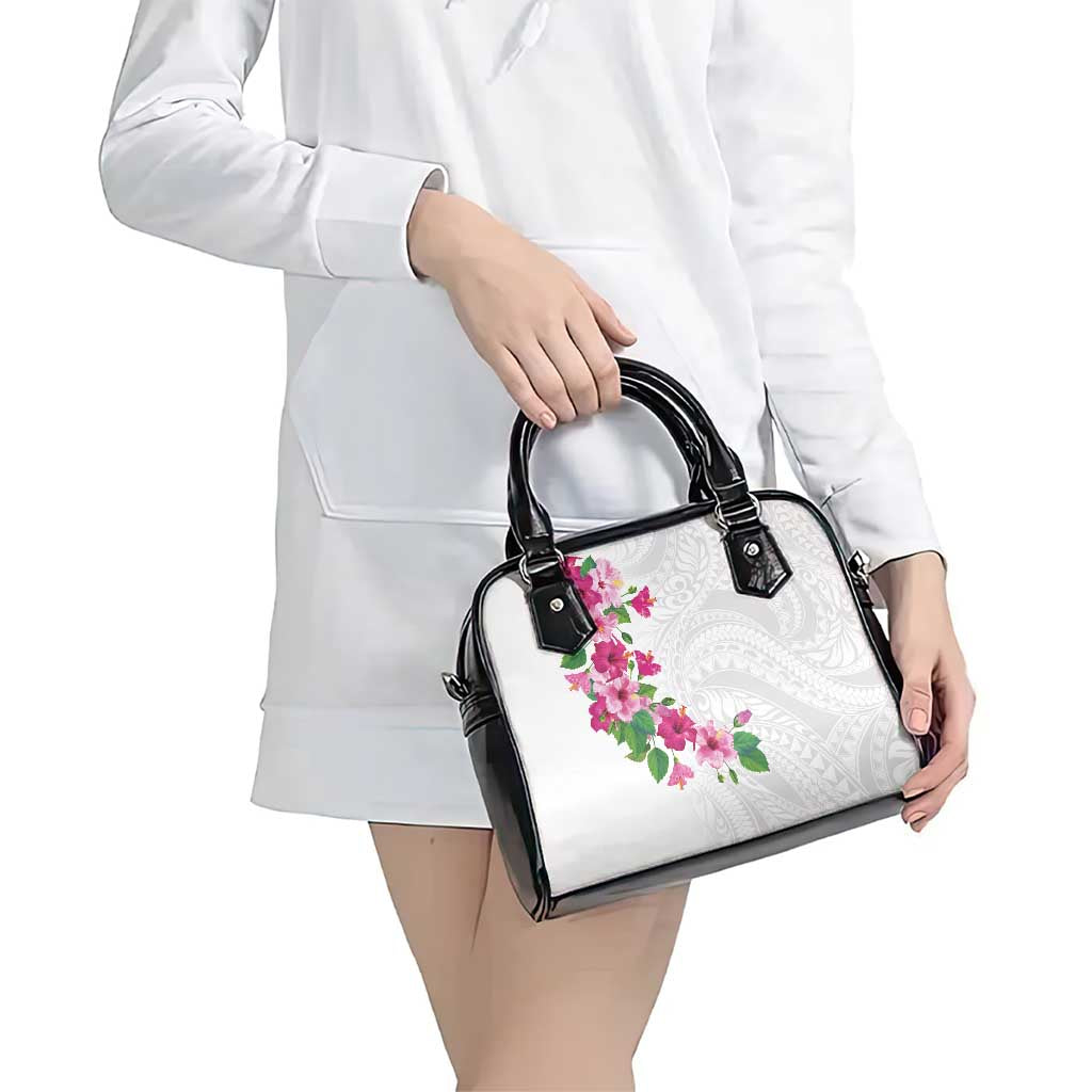 Hawaiian Hibiscus and Art Polynesian Tattoo Shoulder Handbag White Color