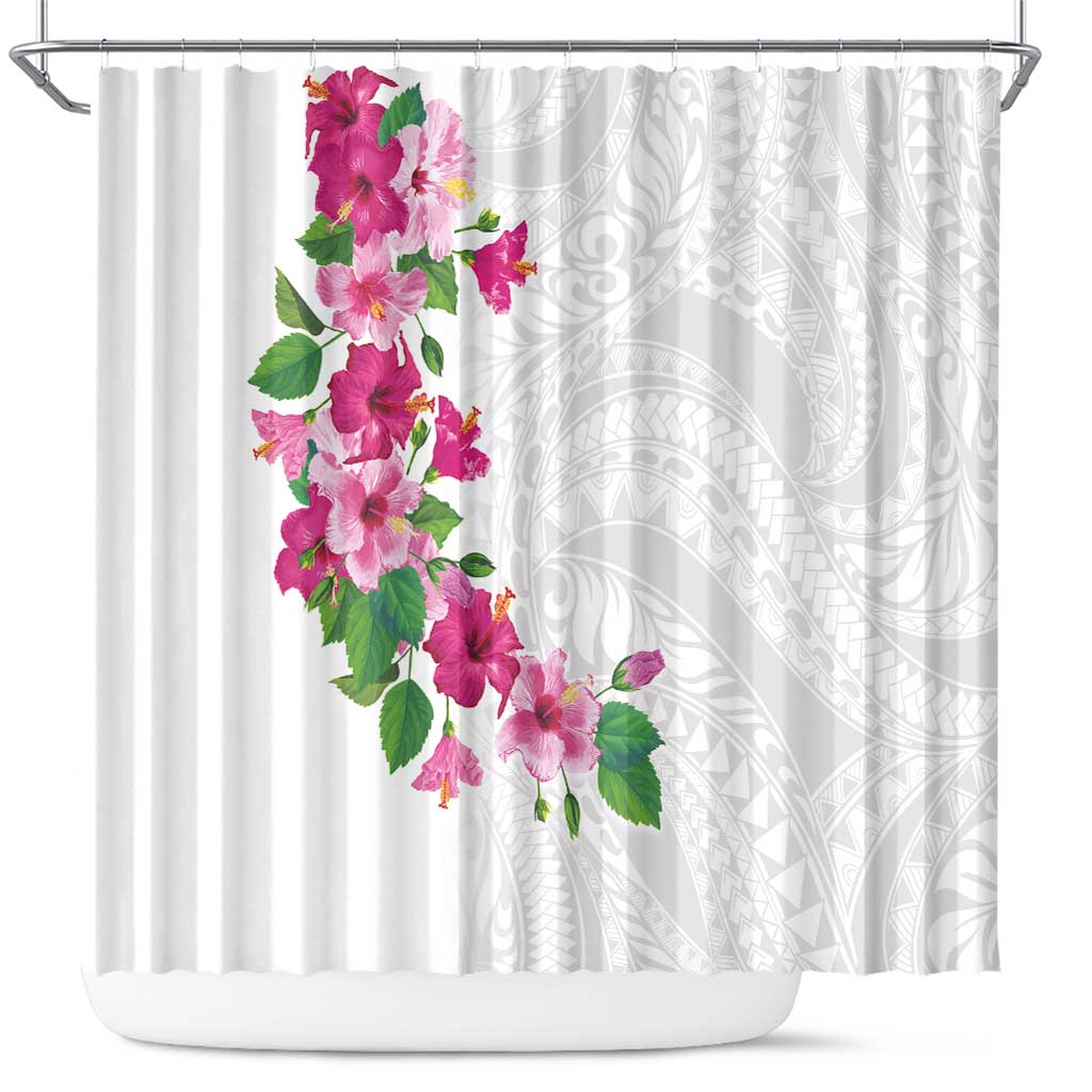 Hawaiian Hibiscus and Art Polynesian Tattoo Shower Curtain White Color