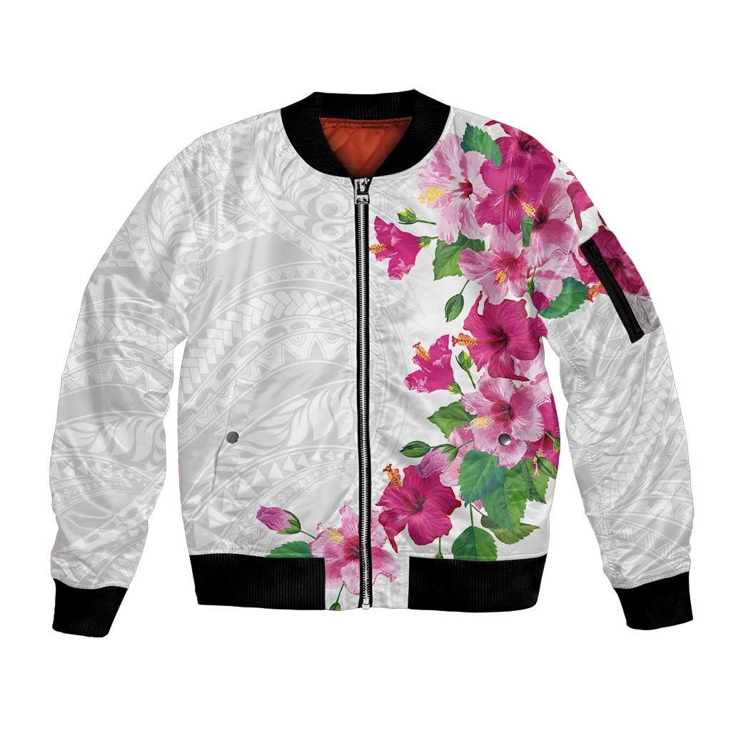Hawaiian Hibiscus and Art Polynesian Tattoo Sleeve Zip Bomber Jacket White Color