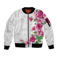 Hawaiian Hibiscus and Art Polynesian Tattoo Sleeve Zip Bomber Jacket White Color