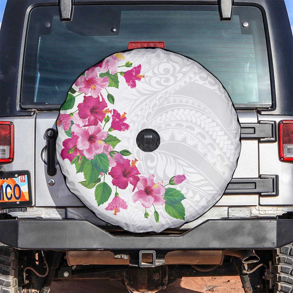 Hawaiian Hibiscus and Art Polynesian Tattoo Spare Tire Cover White Color