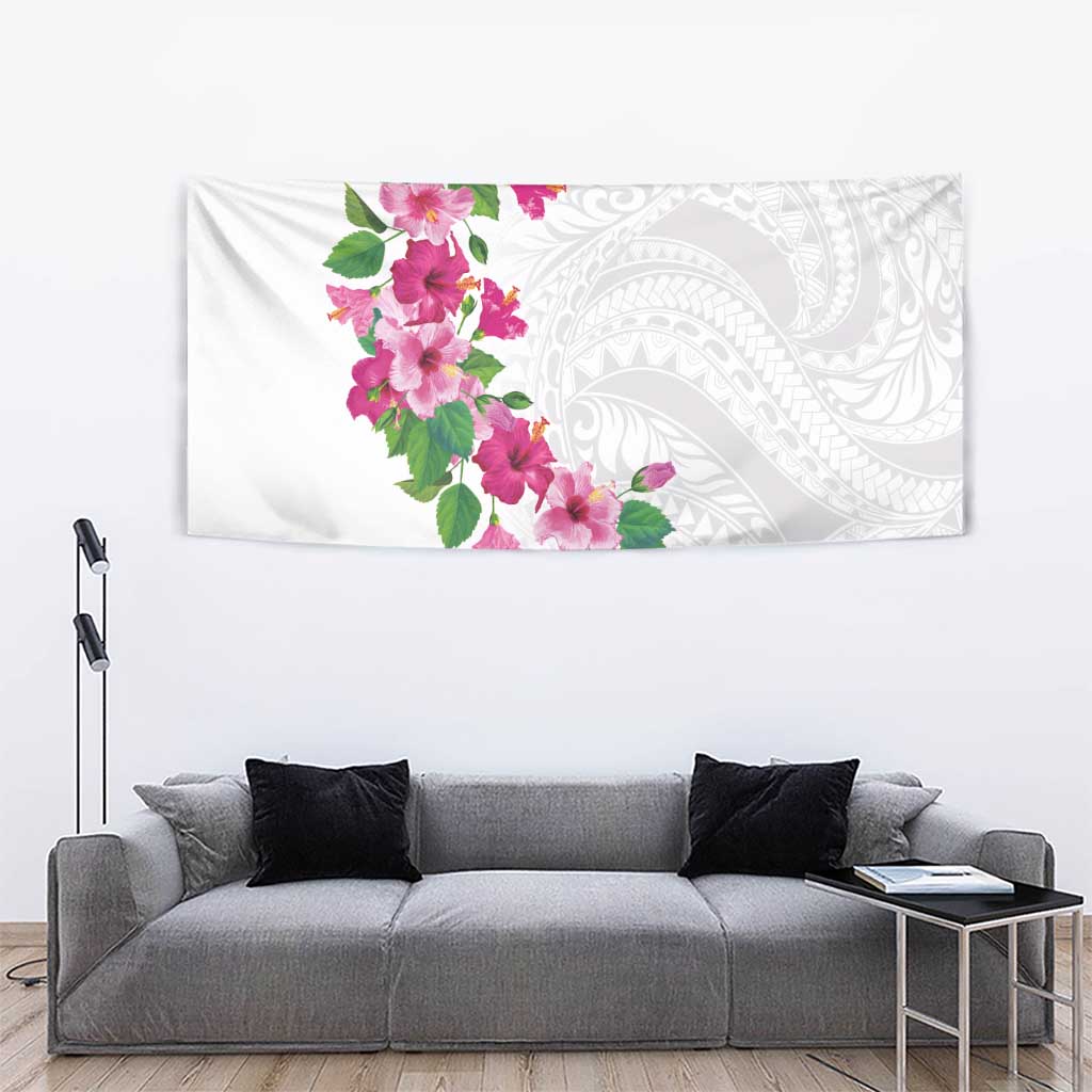 Hawaiian Hibiscus and Art Polynesian Tattoo Tapestry White Color