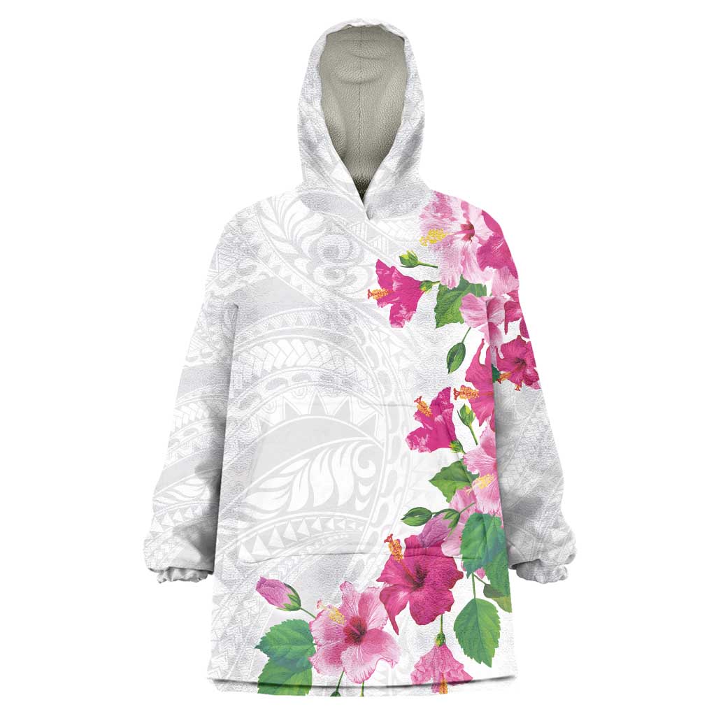 Hawaiian Hibiscus and Art Polynesian Tattoo Wearable Blanket Hoodie White Color LT03 One Size White - Polynesian Pride