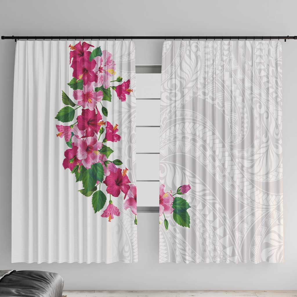 Hawaiian Hibiscus and Art Polynesian Tattoo Window Curtain White Color LT03 With Hooks White - Polynesian Pride