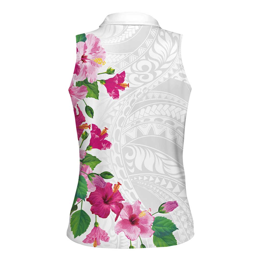 Hawaiian Hibiscus and Art Polynesian Tattoo Women Sleeveless Polo Shirt White Color