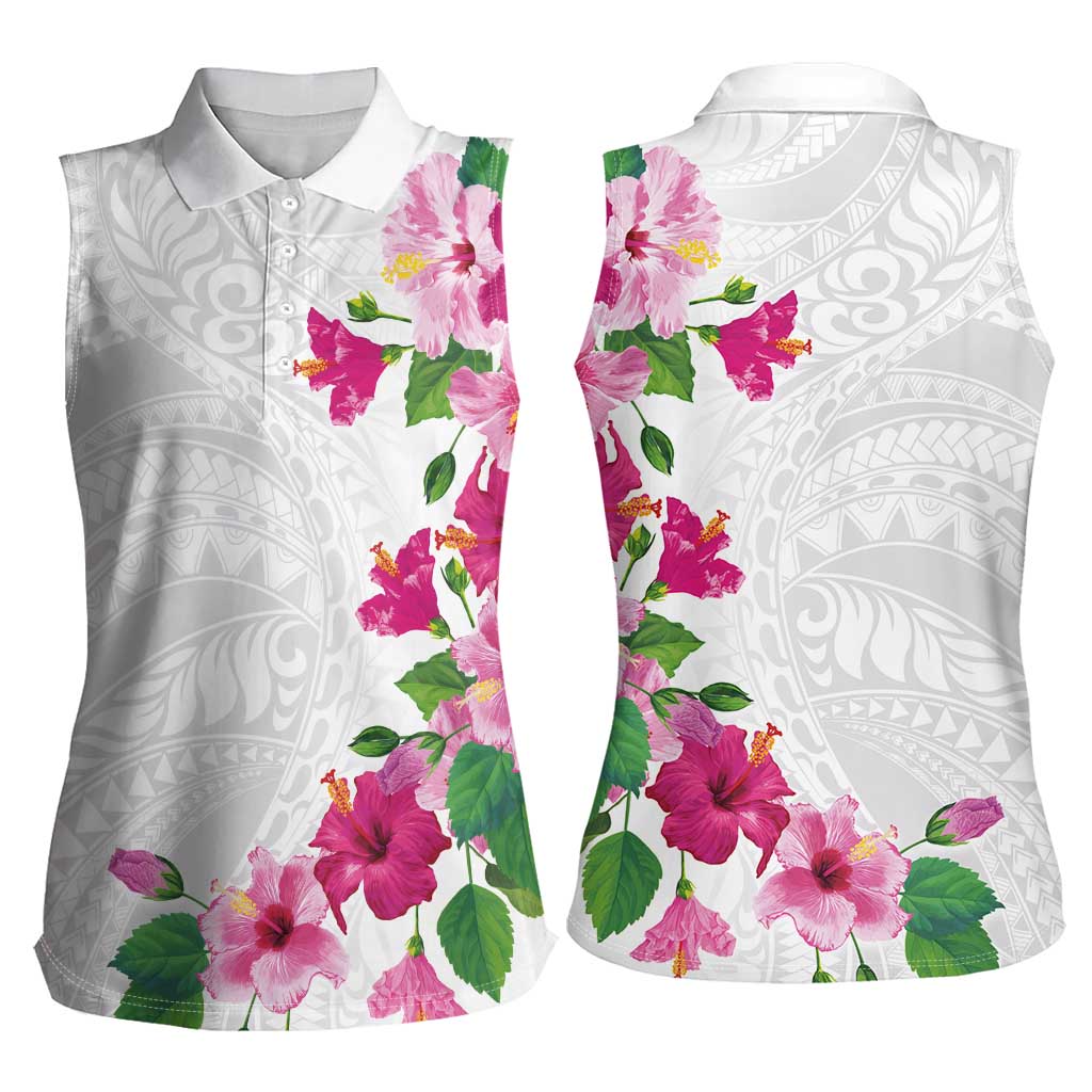 Hawaiian Hibiscus and Art Polynesian Tattoo Women Sleeveless Polo Shirt White Color