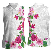 Hawaiian Hibiscus and Art Polynesian Tattoo Women Sleeveless Polo Shirt White Color