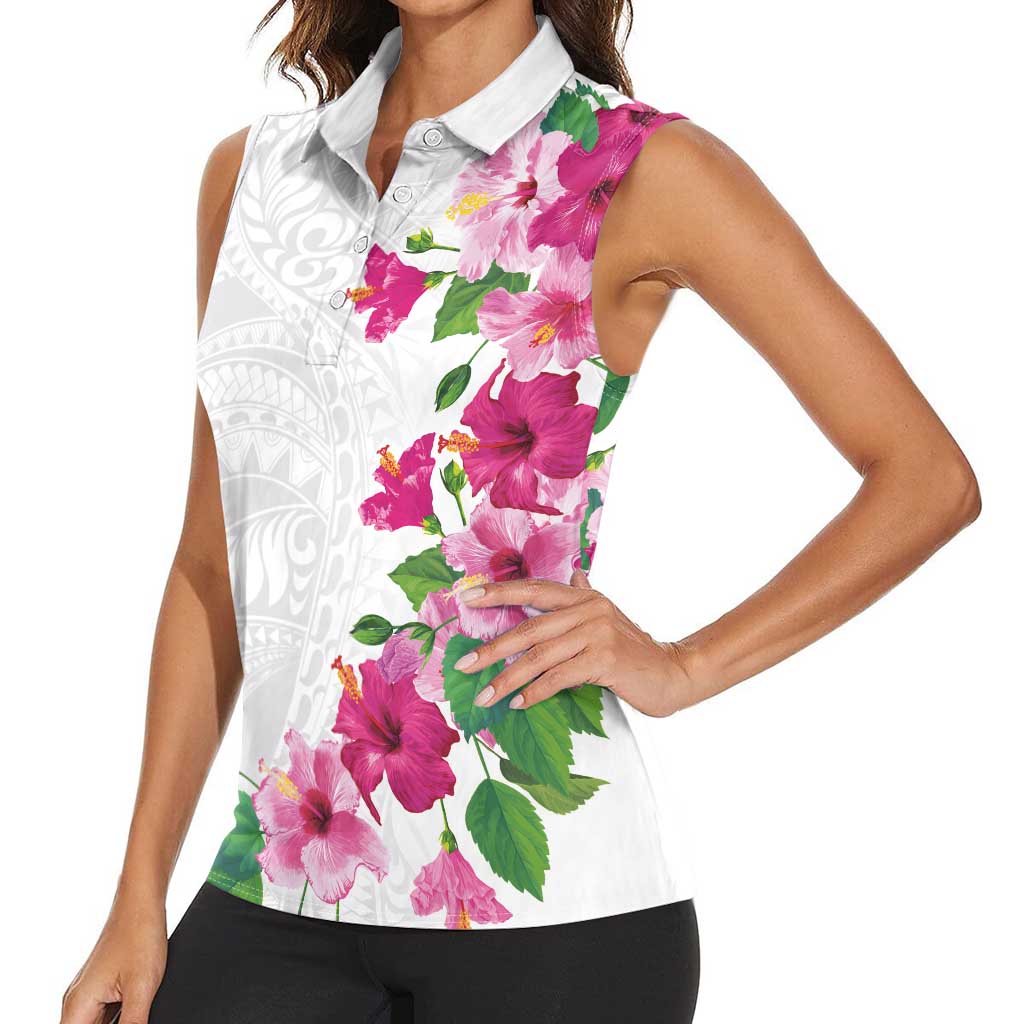 Hawaiian Hibiscus and Art Polynesian Tattoo Women Sleeveless Polo Shirt White Color