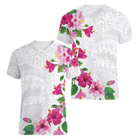 Hawaiian Hibiscus and Art Polynesian Tattoo Women V-Neck T-Shirt White Color