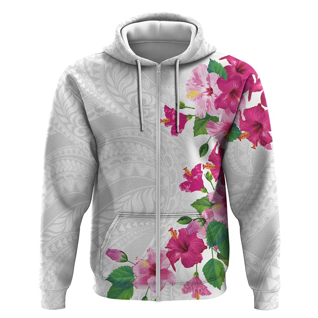Hawaiian Hibiscus and Art Polynesian Tattoo Zip Hoodie White Color