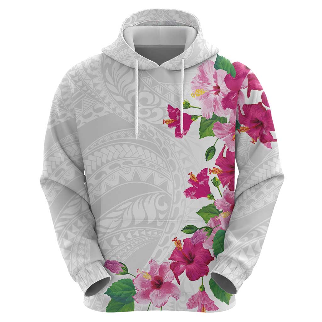 Hawaiian Hibiscus and Art Polynesian Tattoo Zip Hoodie White Color