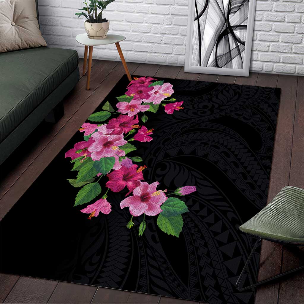 Hawaiian Hibiscus and Art Polynesian Tattoo Area Rug Black Color