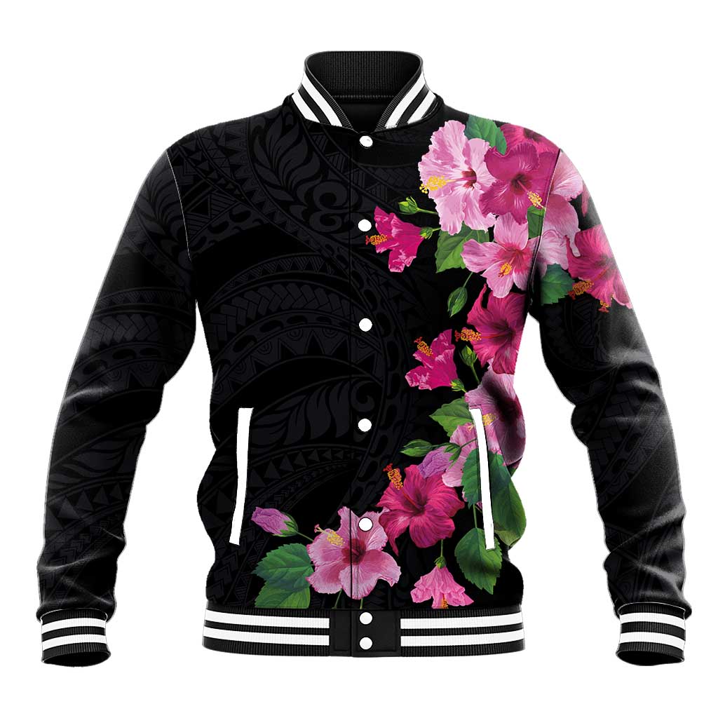 Hawaiian Hibiscus and Art Polynesian Tattoo Baseball Jacket Black Color LT03 Unisex Black - Polynesian Pride