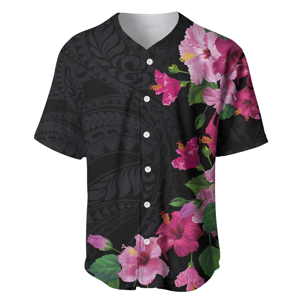 Hawaiian Hibiscus and Art Polynesian Tattoo Baseball Jersey Black Color