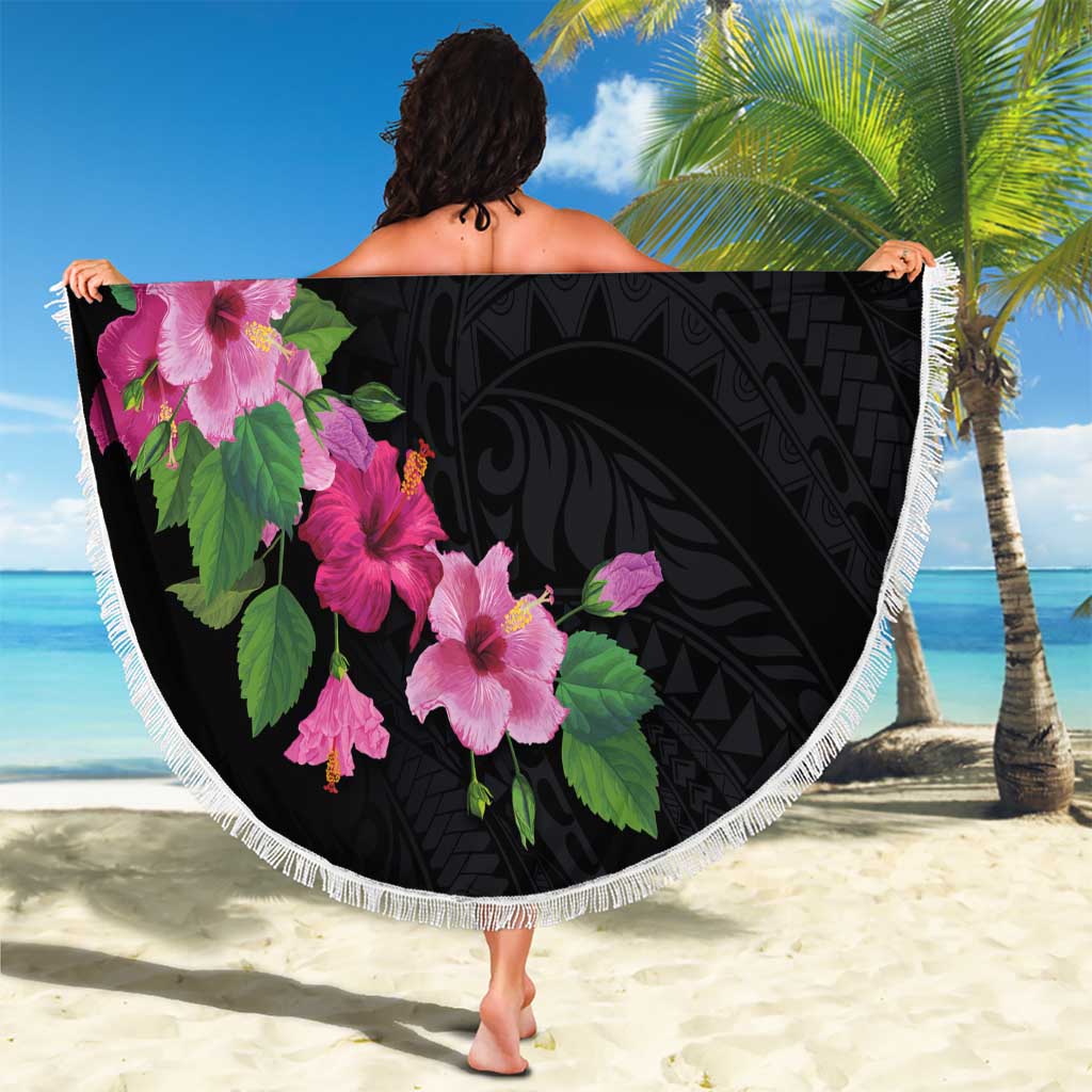 Hawaiian Hibiscus and Art Polynesian Tattoo Beach Blanket Black Color LT03 - Polynesian Pride