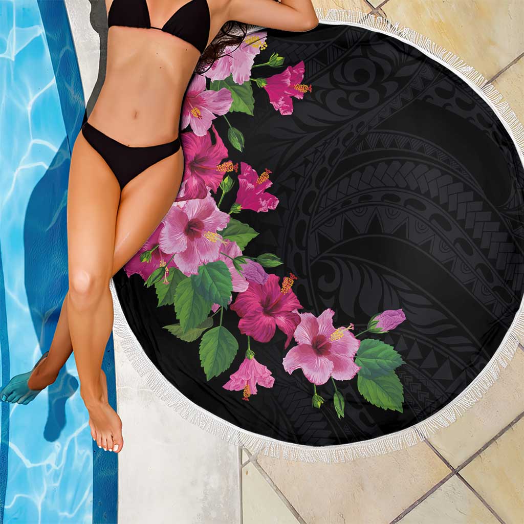 Hawaiian Hibiscus and Art Polynesian Tattoo Beach Blanket Black Color LT03 - Polynesian Pride