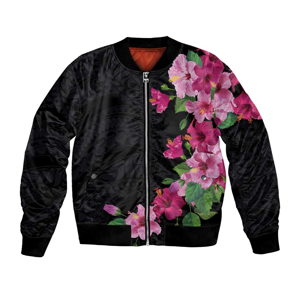 Hawaiian Hibiscus and Art Polynesian Tattoo Bomber Jacket Black Color