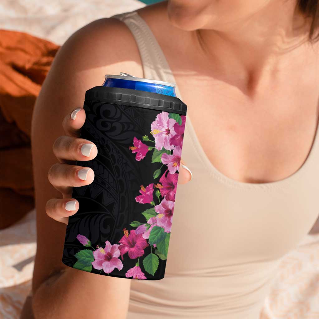Hawaiian Hibiscus and Art Polynesian Tattoo 4 in 1 Can Cooler Tumbler Black Color