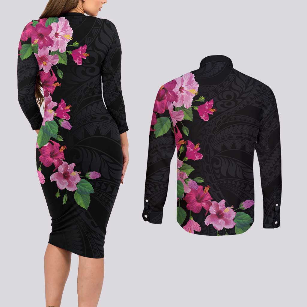 Hawaiian Hibiscus and Art Polynesian Tattoo Couples Matching Long Sleeve Bodycon Dress and Long Sleeve Button Shirt Black Color