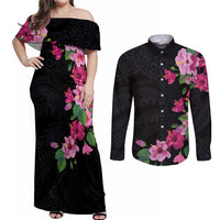 Hawaiian Hibiscus and Art Polynesian Tattoo Couples Matching Off Shoulder Maxi Dress and Long Sleeve Button Shirt Black Color LT03 Black - Polynesian Pride