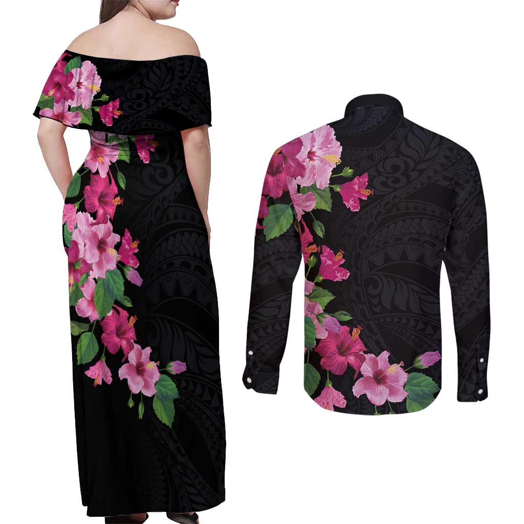 Hawaiian Hibiscus and Art Polynesian Tattoo Couples Matching Off Shoulder Maxi Dress and Long Sleeve Button Shirt Black Color LT03 - Polynesian Pride