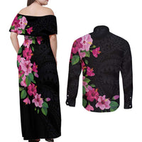 Hawaiian Hibiscus and Art Polynesian Tattoo Couples Matching Off Shoulder Maxi Dress and Long Sleeve Button Shirt Black Color LT03 - Polynesian Pride