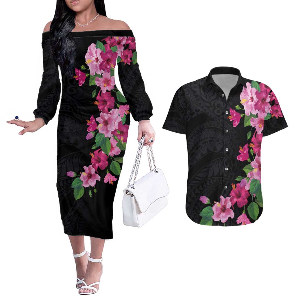 Hawaiian Hibiscus and Art Polynesian Tattoo Couples Matching Off The Shoulder Long Sleeve Dress and Hawaiian Shirt Black Color