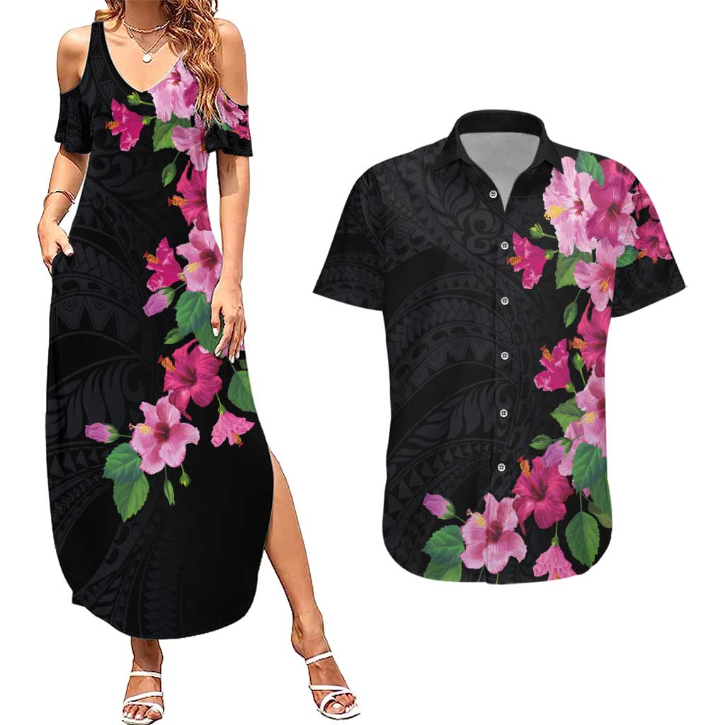 Hawaiian Hibiscus and Art Polynesian Tattoo Couples Matching Summer Maxi Dress and Hawaiian Shirt Black Color LT03 Black - Polynesian Pride