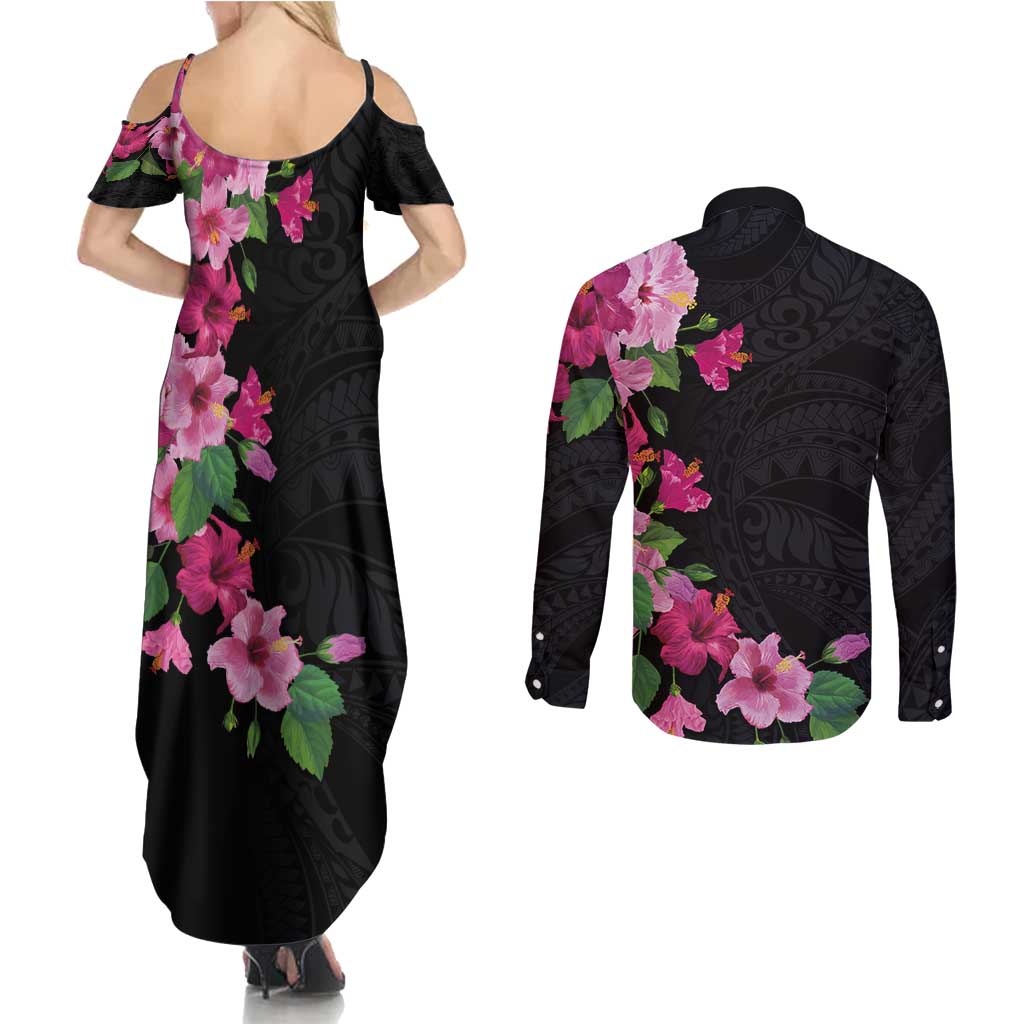 Hawaiian Hibiscus and Art Polynesian Tattoo Couples Matching Summer Maxi Dress and Long Sleeve Button Shirt Black Color LT03 - Polynesian Pride