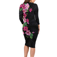 Hawaiian Hibiscus and Art Polynesian Tattoo Family Matching Long Sleeve Bodycon Dress and Hawaiian Shirt Black Color
