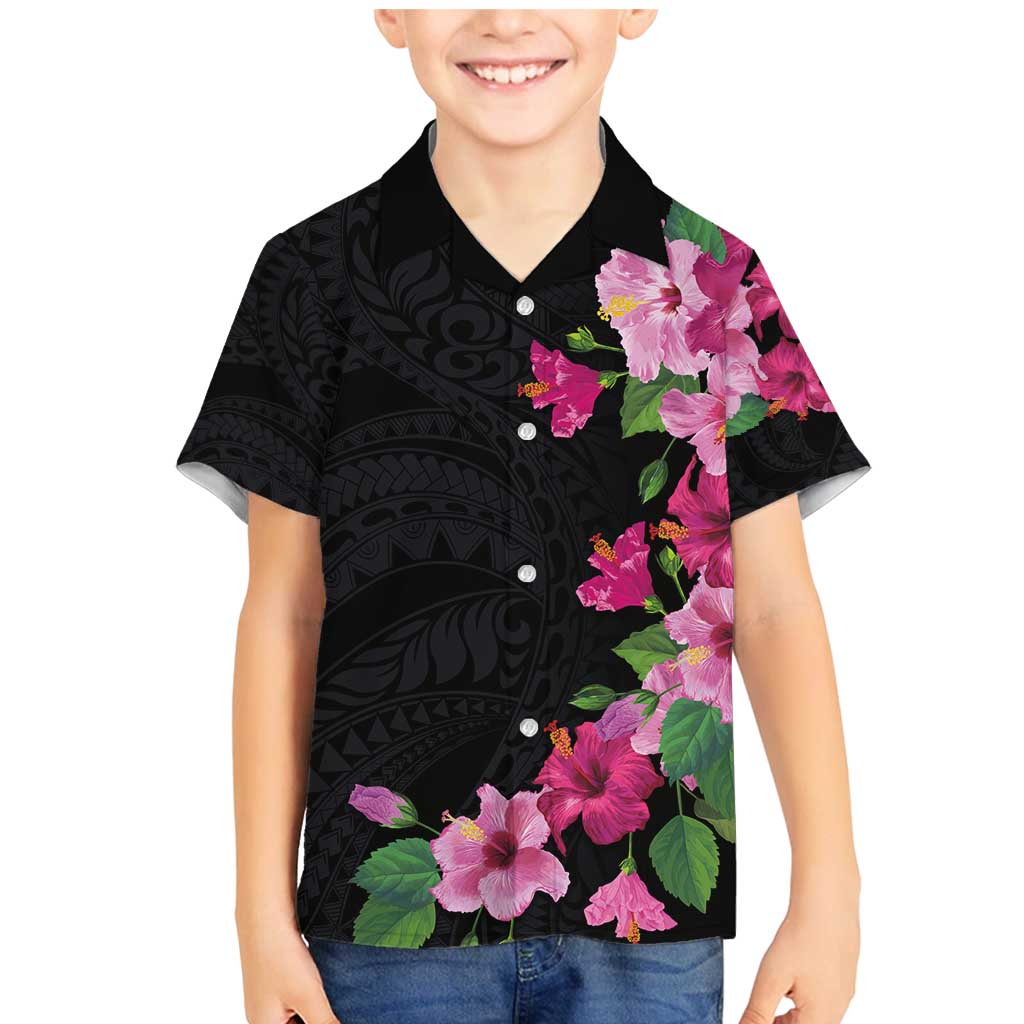 Hawaiian Hibiscus and Art Polynesian Tattoo Family Matching Mermaid Dress and Hawaiian Shirt Black Color