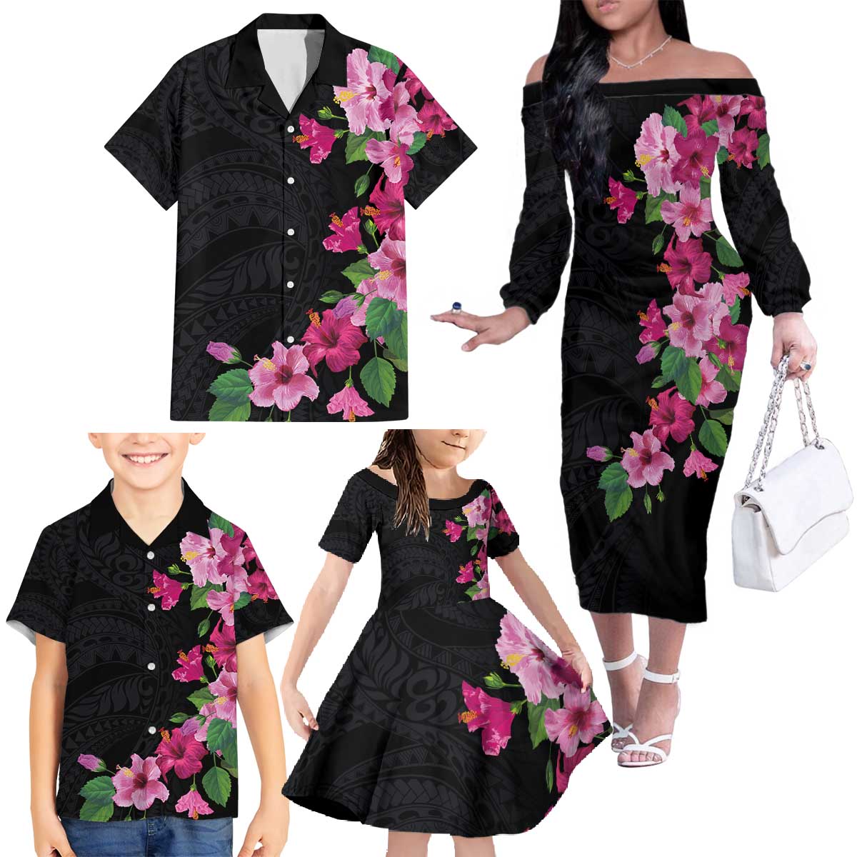 Hawaiian Hibiscus and Art Polynesian Tattoo Family Matching Off The Shoulder Long Sleeve Dress and Hawaiian Shirt Black Color