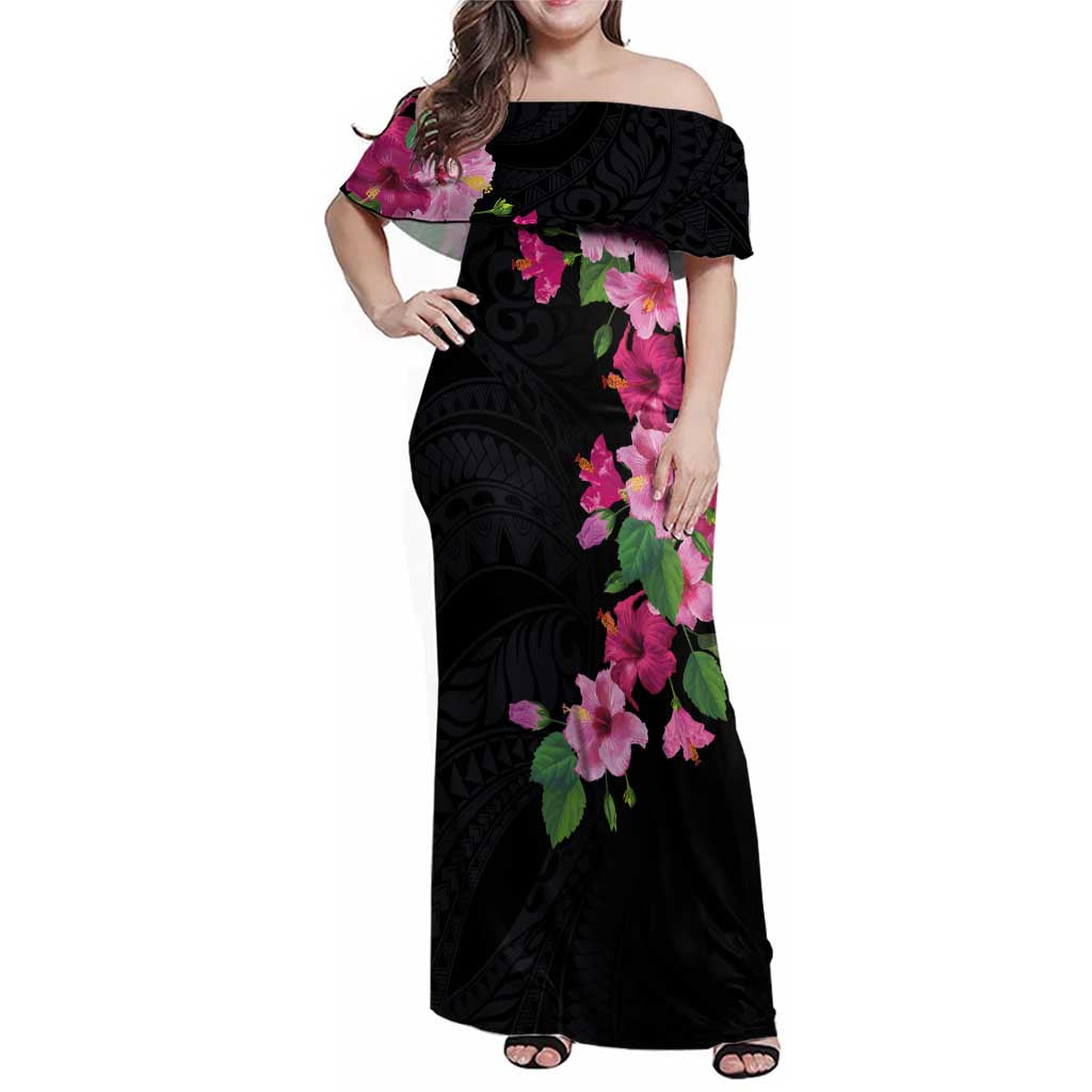 Hawaiian Hibiscus and Art Polynesian Tattoo Family Matching Off Shoulder Maxi Dress and Hawaiian Shirt Black Color