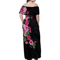 Hawaiian Hibiscus and Art Polynesian Tattoo Family Matching Off Shoulder Maxi Dress and Hawaiian Shirt Black Color