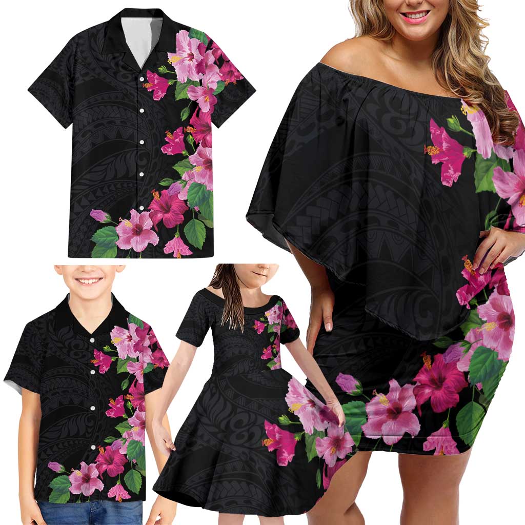 Hawaiian Hibiscus and Art Polynesian Tattoo Family Matching Off Shoulder Short Dress and Hawaiian Shirt Black Color