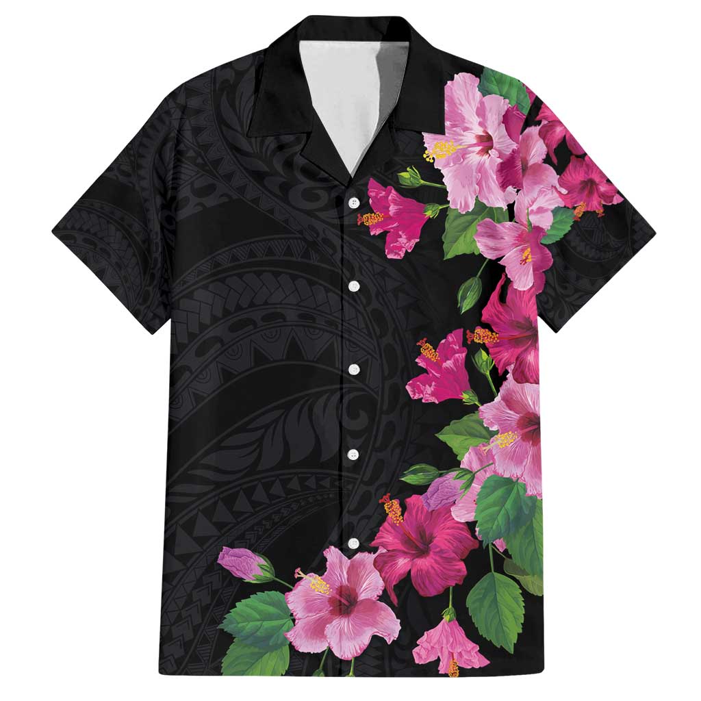 Hawaiian Hibiscus and Art Polynesian Tattoo Family Matching Off Shoulder Short Dress and Hawaiian Shirt Black Color