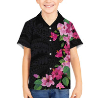 Hawaiian Hibiscus and Art Polynesian Tattoo Family Matching Puletasi and Hawaiian Shirt Black Color