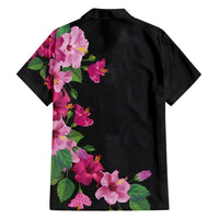 Hawaiian Hibiscus and Art Polynesian Tattoo Family Matching Short Sleeve Bodycon Dress and Hawaiian Shirt Black Color