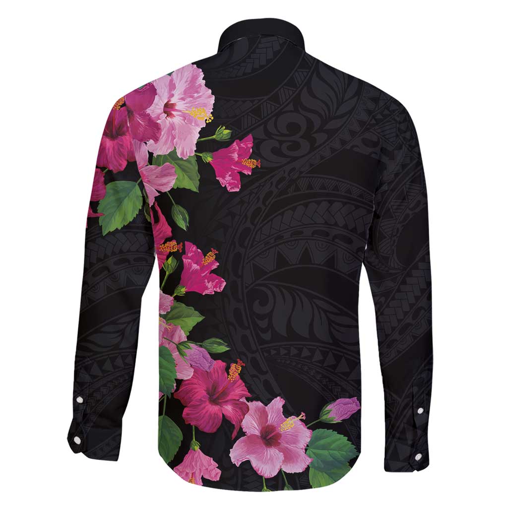Hawaiian Hibiscus and Art Polynesian Tattoo Family Matching Short Sleeve Bodycon Dress and Hawaiian Shirt Black Color