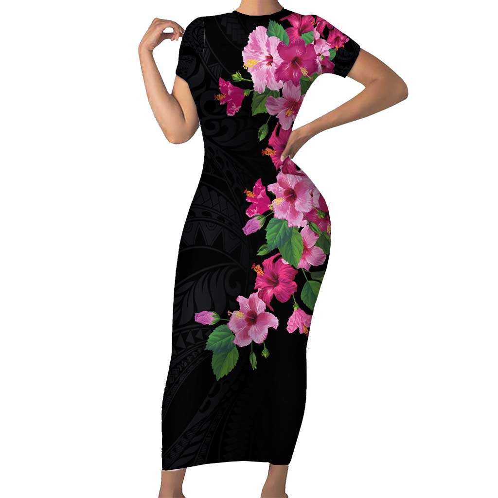 Hawaiian Hibiscus and Art Polynesian Tattoo Family Matching Short Sleeve Bodycon Dress and Hawaiian Shirt Black Color