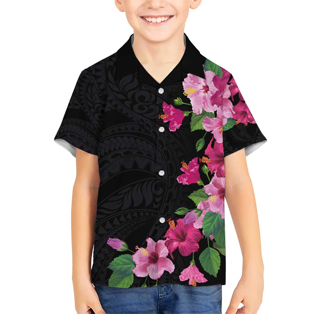 Hawaiian Hibiscus and Art Polynesian Tattoo Family Matching Short Sleeve Bodycon Dress and Hawaiian Shirt Black Color