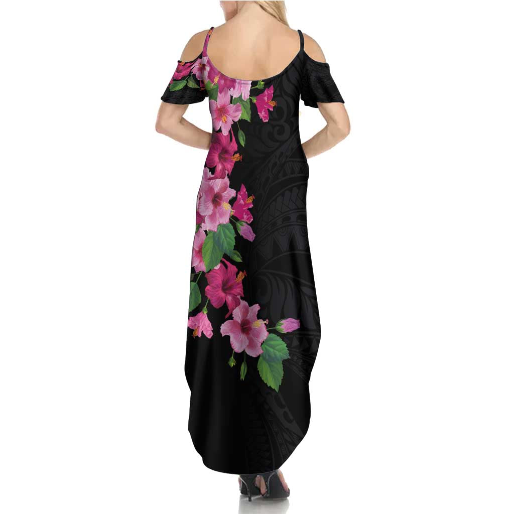 Hawaiian Hibiscus and Art Polynesian Tattoo Family Matching Summer Maxi Dress and Hawaiian Shirt Black Color