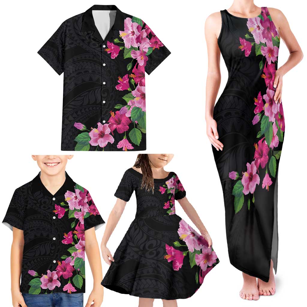 Hawaiian Hibiscus and Art Polynesian Tattoo Family Matching Tank Maxi Dress and Hawaiian Shirt Black Color