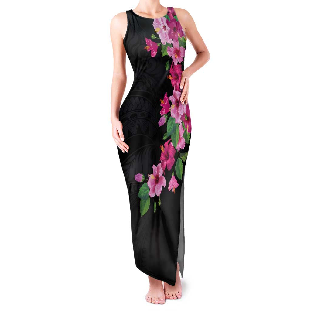 Hawaiian Hibiscus and Art Polynesian Tattoo Family Matching Tank Maxi Dress and Hawaiian Shirt Black Color