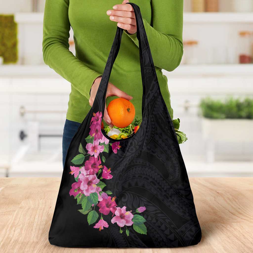 Hawaiian Hibiscus and Art Polynesian Tattoo Grocery Bag Black Color LT03 - Polynesian Pride