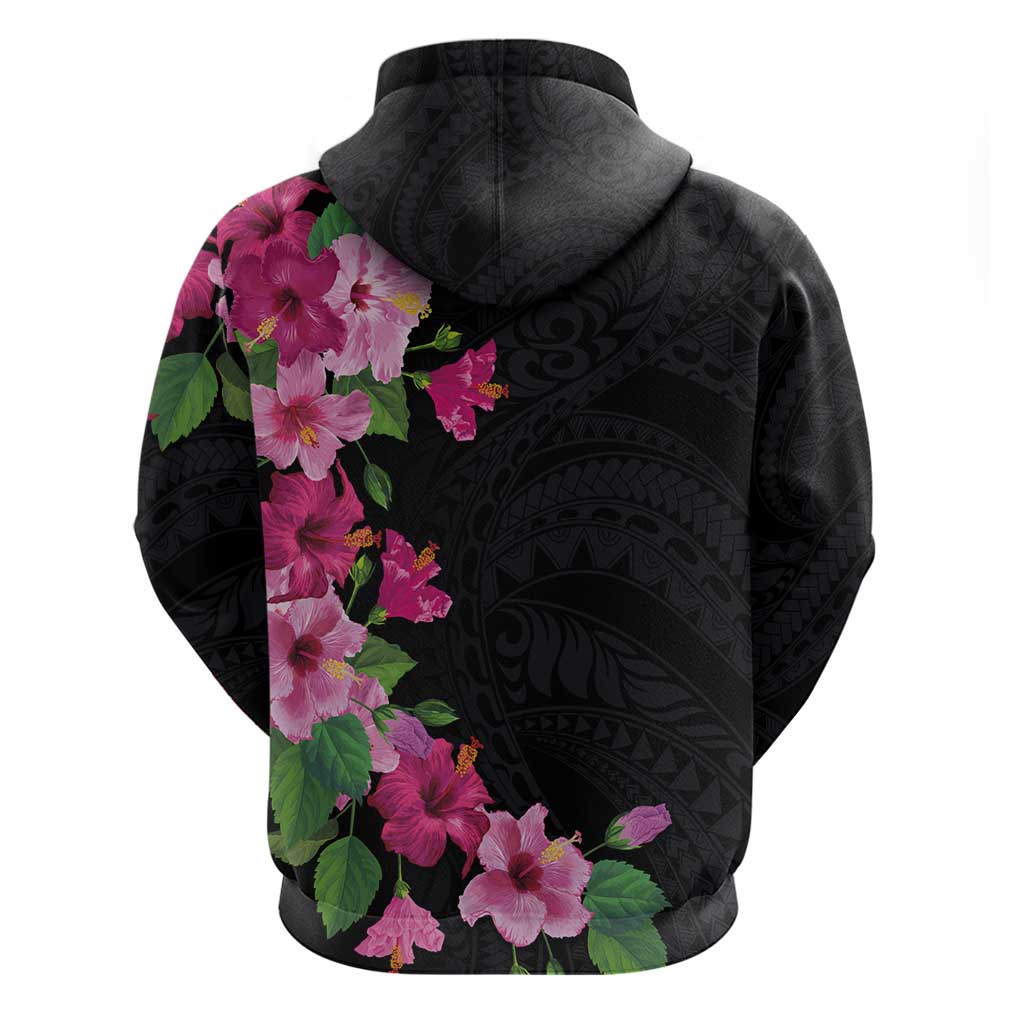 Hawaiian Hibiscus and Art Polynesian Tattoo Hoodie Black Color