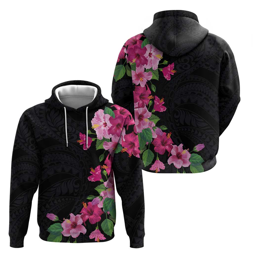 Hawaiian Hibiscus and Art Polynesian Tattoo Hoodie Black Color