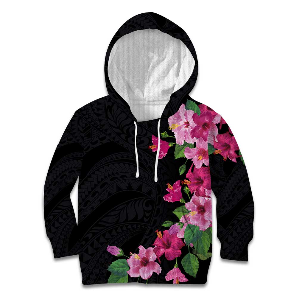 Hawaiian Hibiscus and Art Polynesian Tattoo Kid Hoodie Black Color