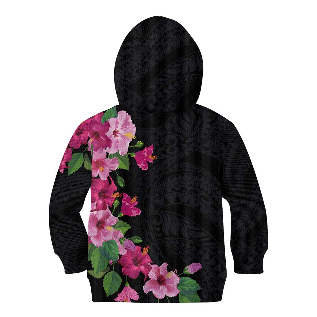 Hawaiian Hibiscus and Art Polynesian Tattoo Kid Hoodie Black Color