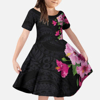 Hawaiian Hibiscus and Art Polynesian Tattoo Kid Short Sleeve Dress Black Color LT03 KID Black - Polynesian Pride